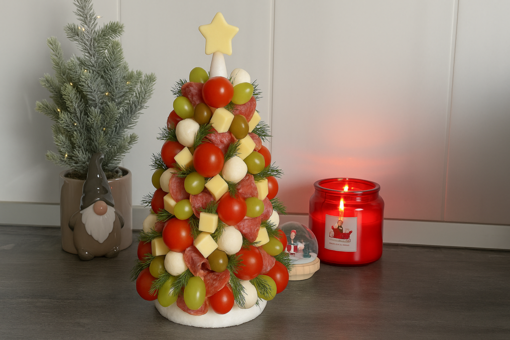 Festive Charcuterie Christmas Tree made with meats, cheeses, fruits, and rosemary.