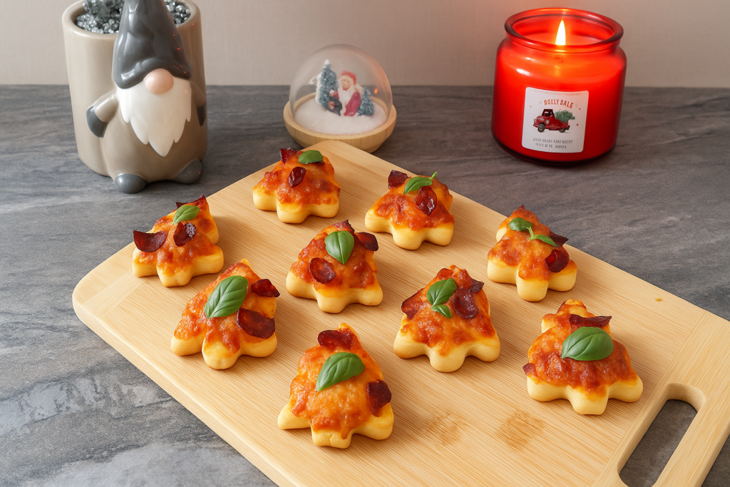 Christmas tree shaped pizza topped with melted cheese, salami, and fresh basil on a baking tray