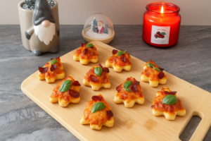 Christmas tree shaped pizza topped with melted cheese, salami, and fresh basil on a baking tray